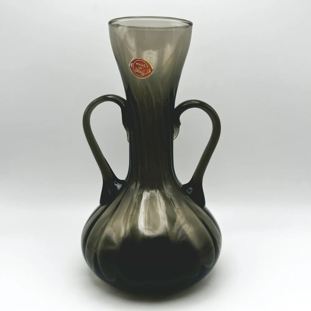 Vintage Empoli Italian Art Glass Double Handle Amphora Vase Smoke Gray Brown
